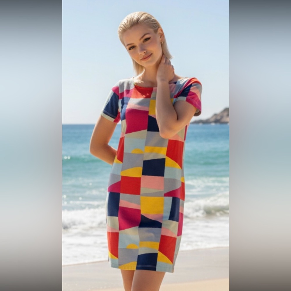 TORY BURCH Dress Kimberly Tee Shirt Shift Red Canyon Blue Yellow Pima Cotton